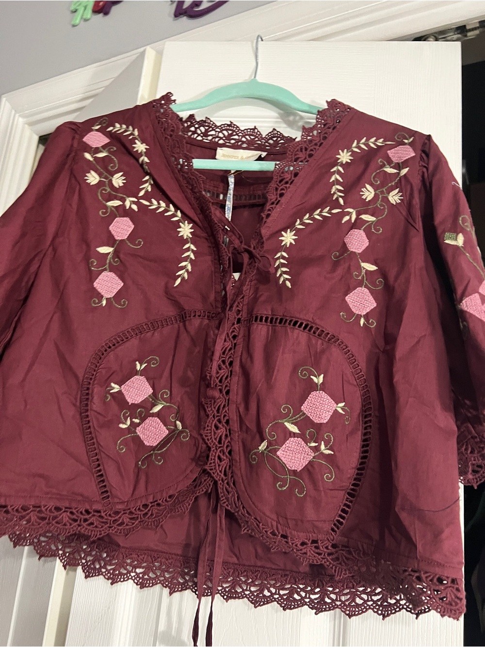 Embroidered Burgundy Women's Blouse with Lace Trim - Picture 7 of 10